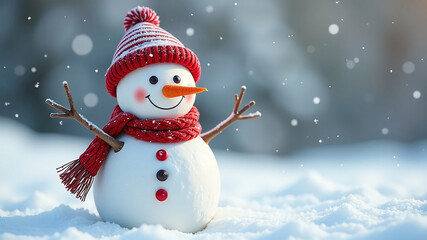 Fototapeta premium Snowman with red scarf and hat on snow in winter forest.
