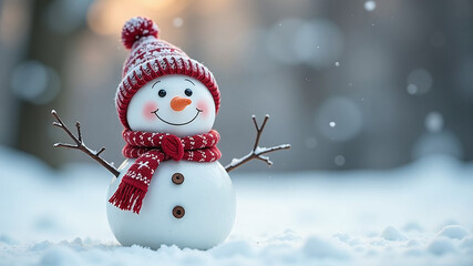 Fototapeta premium Snowman in red hat and scarf on white snow with bokeh background