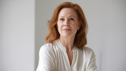A confident middle-aged Caucasian woman exuding poise with crossed arms, wearing a chic cream blouse against a minimalistic backdrop, radiating elegance and self-assurance.