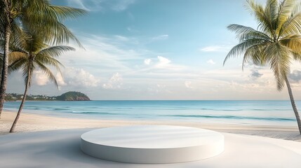 A 3D podium on a sandy beach with a summer backdrop, featuring the sea, clear skies, and a distant island, ideal for product displays and promotions.