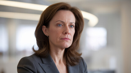Fototapeta premium A thoughtful Caucasian woman in a grey suit, reflecting deeply while standing in a modern office environment, exuding professionalism and determination.