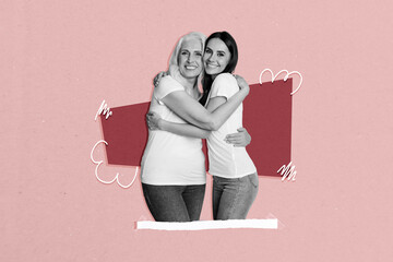 Composite trend artwork sketch image collage of monochrome young lady aged woman hugs bonding love...