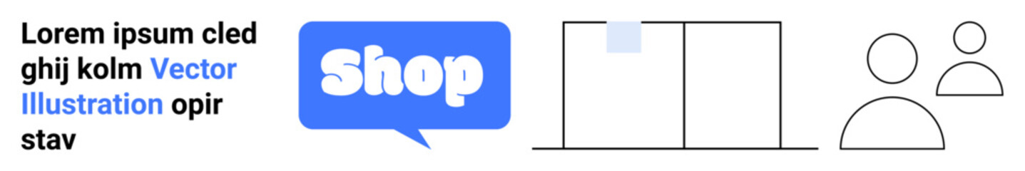 Blue chat bubble with the word Shop laptop screen two user icons and placeholder text, in black Ideal for e-commerce websites digital marketing online shopping product promotions and customer