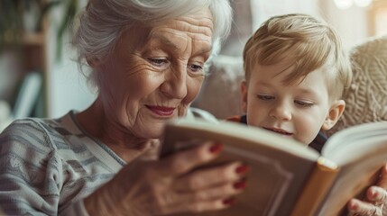 Horizontal shot of a grandmother and grandson cherishing the simple joy of reading together.