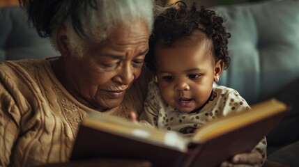 Grandmother holds her grandson close as they enjoy a cherished reading moment together.