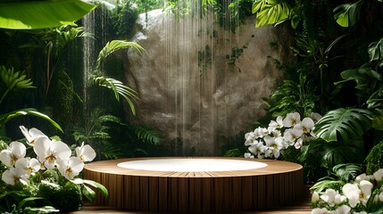 A 3D podium surrounded by a vibrant forest, with wooden and stone elements, white plants, and a tropical garden setting. Perfect for presenting beauty products in a natural environment.