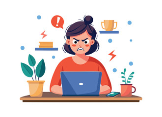 Engaging Workspace Illustration with Angry Worker Woman, Laptop and Plants