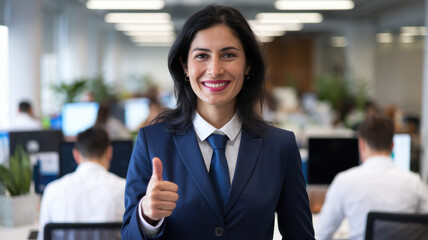 Obraz premium Confident South Asian woman in a suit gives a thumbs up, showcasing a positive work environment in a modern office with colleagues in the background.