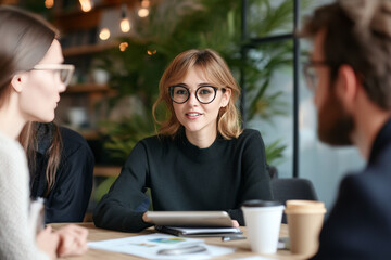 Fototapeta premium A focused woman with glasses engages in meeting, surrounded by colleagues in modern workspace. atmosphere is collaborative and creative, highlighting teamwork and communication