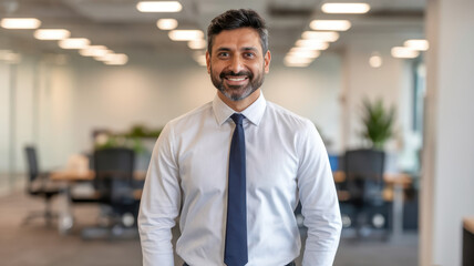 Fototapeta premium A smiling South Asian man in a formal shirt and tie stands confidently in a modern office environment, showcasing a professional and approachable demeanor.