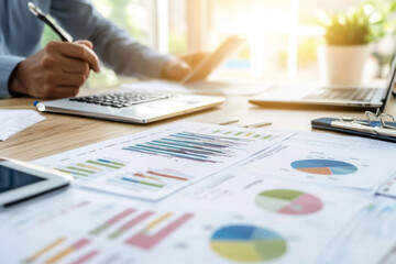 A person is analyzing financial data and charts on desk, surrounded by laptops and documents, showcasing professional work environment