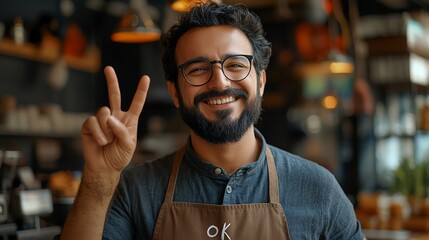 Fototapeta premium A smiling barista with a beard wearing glasses makes the peace sign.