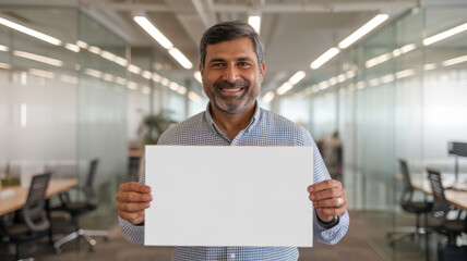 Smiling South Asian man holding a blank white board in a modern office setting, conveying confidence and readiness for creativity.