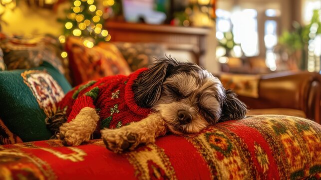 Dog in a cozy red and green sweater, lying on a festive pillow in a beautifully decorated living room.