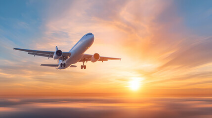 Beautiful sunset and cloudy sky from an aerial view. Airplane view above clouds