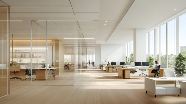 A modern office interior featuring spacious workstations, large windows, and natural light. design emphasizes clean, minimalist aesthetic with greenery enhancing atmosphere
