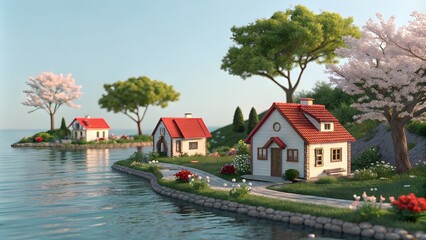 Obraz premium Miniature Village by the Water in Diorama Style, Tiny Village Scene Under Clear Blue Sky