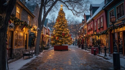 Obraz premium 19th-century village square with a large Christmas tree, garlands, and festive decor set against historical buildings.