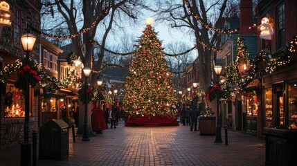 Obraz premium 19th-century village square with a large Christmas tree, garlands, and festive decor set against historical buildings.