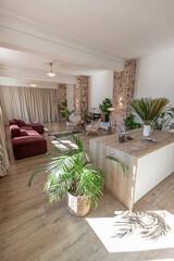 Bright and spacious living area featuring modern furniture and natural light in a stylish apartment in soft warm colors