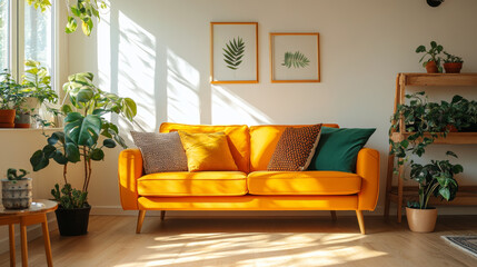 Bright and inviting, this modern living room features vibrant orange sofa adorned with colorful cushions, surrounded by lush greenery and stylish decor. Natural light enhances cozy atmosphere