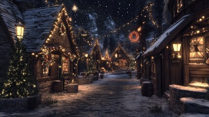 Fototapeta premium Classic European village during Christmas, with wooden huts, twinkling lights, and traditional holiday decor.