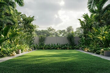 Cloudy Day Garden with Green Lawn and Gold Accents.
