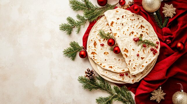 Traditional lefse in festive red napkins on a soft beige background with minimalistic Christmas decor
