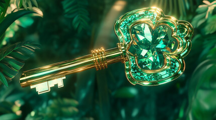 Luxurious golden key with a large emerald gem surrounded by lush greenery
