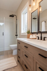 Modern bathroom design features stylish shower, sleek fixtures, and natural elements. warm wood tones and clean lines create serene atmosphere perfect for relaxation