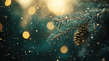 Christmas Winter background. Scandinavian Xmas tree with snow decorated with garland lights, holiday festive New Year art design. Panorama banner