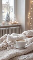 Delicious hot coffee in a white mug. The mug stands on a knitted warm blanket and a vase on the side. Christmas Winter Mood. Vertical picture scandinavian stories