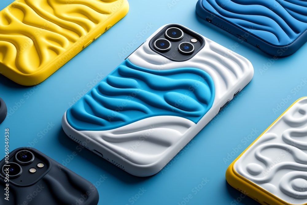 Poster A 3D illustration of a phone case with a textured design, showing different angles to highlight its intricate details