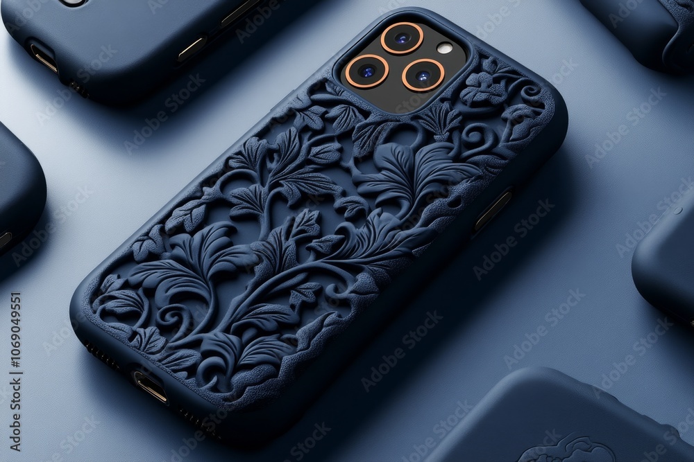Poster A 3D illustration of a phone case with a textured design, showing different angles to highlight its intricate details