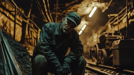 exhausted adult man pauses briefly coal mine surrounded rails mine carts and tools reflecting hard work and dedication required mining.