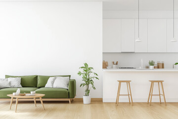 A modern living space featuring green sofa, wooden coffee table, and minimalist kitchen area. bright, airy atmosphere is enhanced by natural light and simple decor, creating welcoming environment