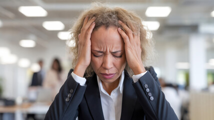 Fototapeta premium A stressed Black woman in a suit holding her head in frustration, surrounded by an office environment with colleagues in the background.