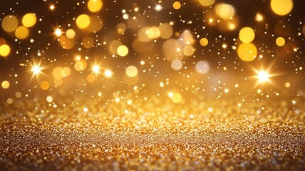 Abstract gold Christmas winter empty background of glitter vintage lights. A blurry image with white and gold specks panorama banner