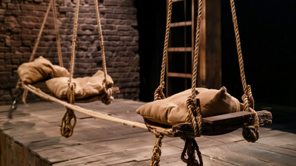 Fototapeta premium Dimly Lit Backstage Theater Scene with Brick Wall, Ropes, and Sandbags