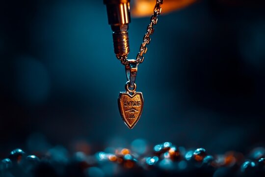A close-up of a jewelerâ€™s tools and a brass necklace being stamped with a custom message, creating a rustic, handmade feel