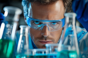 Intense scientist focused on experiments with laboratory glassware, showcasing vibrant green liquids. atmosphere is charged with curiosity and discovery