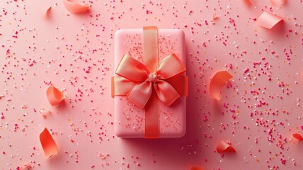 Fototapeta premium Pink gift box with a red bow on top on pink background with confetti. Christmas winter panorama banner. Concept of celebration and joy
