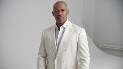 A confident middle-aged Black man in a stylish white suit, exuding sophistication and elegance against a minimalist backdrop, perfect for fashion or business themes.