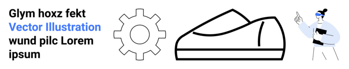 Gear icon, shoe outline, and person pointing, accompanied by random text. Ideal for technology, design, footwear, education, presentations, marketing creativity Landing page