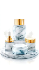 Luxury cosmetic jars and bottles with marble design and golden accents on a round tray
