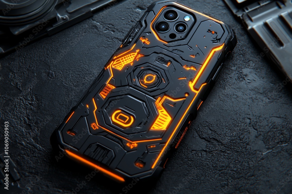 Aufkleber A cyberpunk-inspired phone case with glowing circuit patterns and metallic textures, set against a dark background