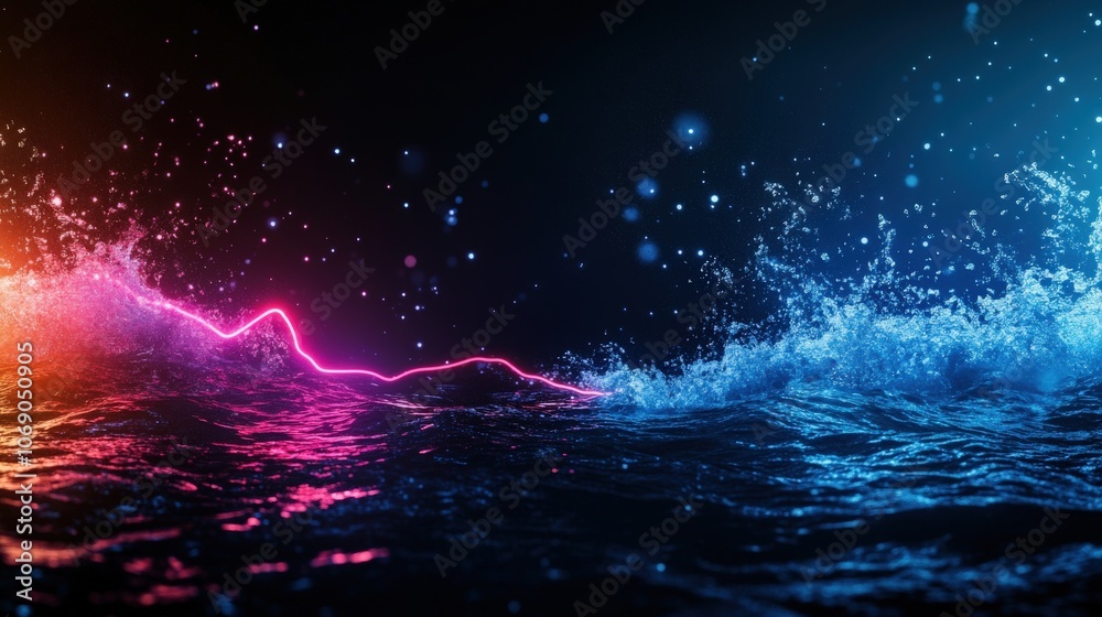 Poster Abstract digital wave with colorful neon lights and water splash, creating a dynamic and futuristic visual experience.
