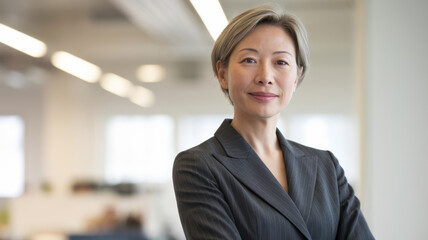 Fototapeta premium Confident Asian businesswoman in a professional suit, standing with arms crossed in a modern office, exuding strength and leadership.