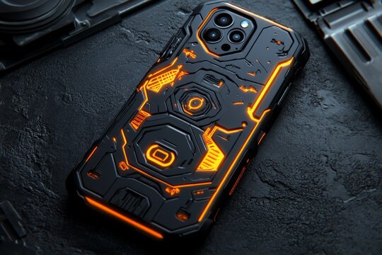 A cyberpunk-inspired phone case with glowing circuit patterns and metallic textures, set against a dark background