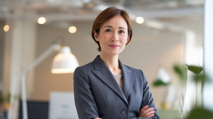 Confident Asian woman in a tailored suit stands with arms crossed in a modern office, exuding professionalism and poise.